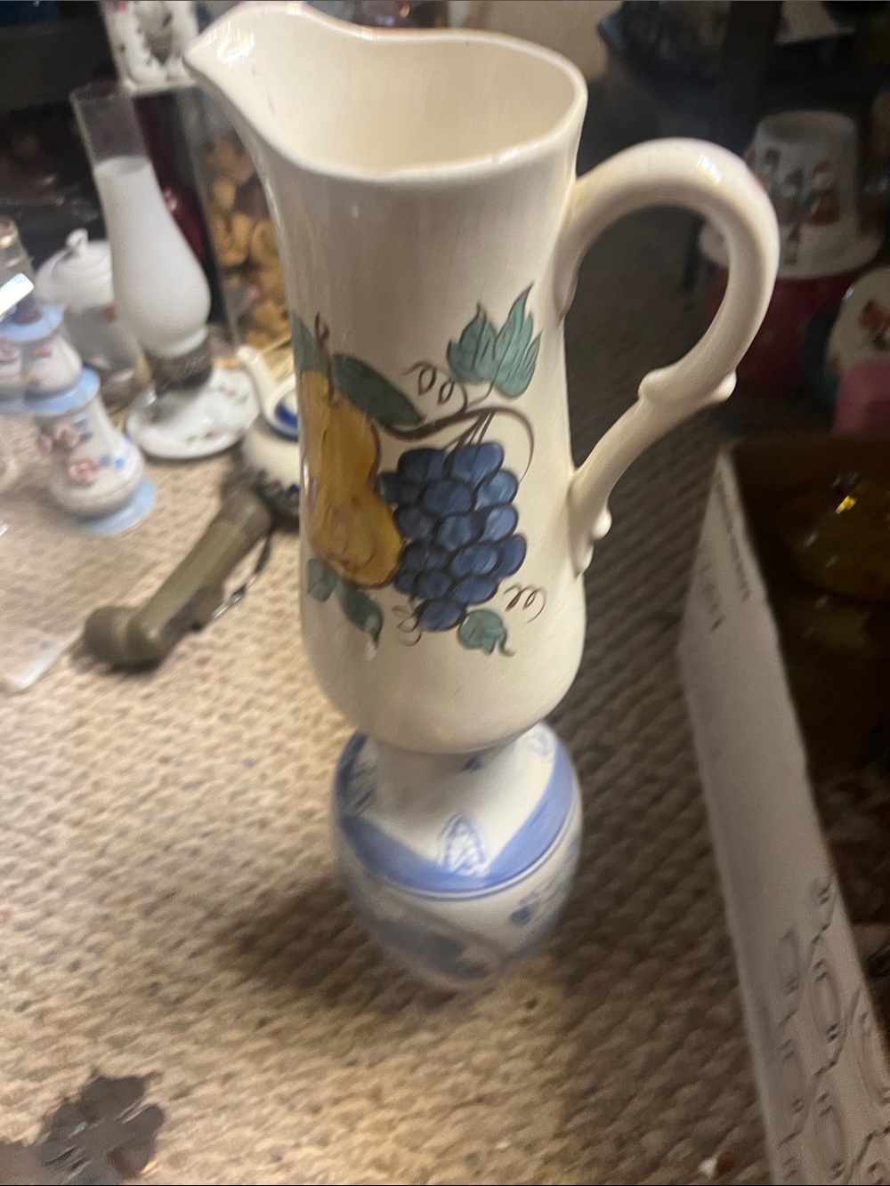 Hand-Painted Ceramic Pitcher with Fruit Motif - Blue & Yellow